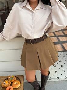 EARO 女士米色缎面宽松衬衫，春夏款，长袖，翻领，纽扣，灯笼袖，休闲通勤日常穿搭 - 杏色 - 查看 6