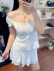 Women Y2K Button Down Shirt Cute Short Sleeve Square Neck Ruffle Trim Fitted Crop Top Retro Fairy Grunge Lace Patchwork Frilled Tees Summer Streetwear Going Out Coquette Blouse - trắng - Xem 5