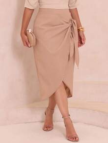 Linen Midi Skirt With Wrap Detail And Elegant Slit - Màu hồng gỉ - Xem 1