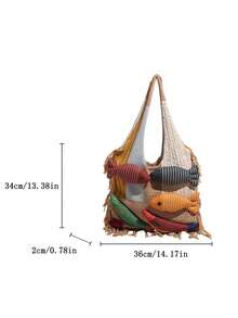1pc Colorblock Fish Print Large Capacity Shoulder Tote Bag, Fashionable Crochet Boho Style Beach Vacation Everyday Bag For Women,Straw Bag - Khaki - View 8