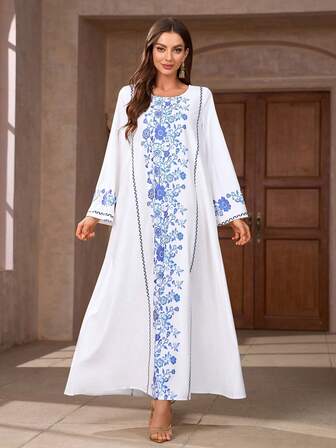 Vestido de manga larga con cuello redondo y estampado floral elegante para mujer, adecuado para uso diario