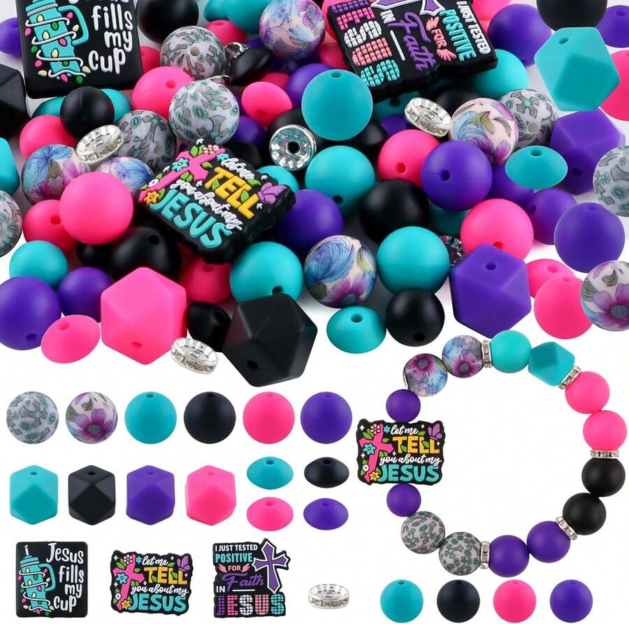 Sunrony 105Pcs Mixed Green Christmas Focal Silicone Beads For Keychains Making, Rhinestone Spacer Hexagon Lentil Silicone Beads For Pens Crafts And Necklace Bracelet - Purple Turquoise Jesus - View 1