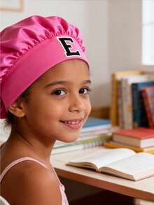Children's A-Z Letter Pink Elastic Wide Brim Satin Sleeping Cap - Fit, Hair Protection, Ultra Soft & Breathable Design With Anti-Slip Lining - Hot Pink - View 2
