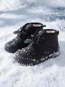 1 Pair New Style Boys' Classic Versatile Black Mid-Calf Thermal Lined Snow Boots, Drawstring Laces, Round Toe, Soft And Flat Sole, Comfortable And Warm, Suitable For Outdoor Activities, Snow Play, School And Holiday Outfits, Back To School Season - Black - View 1