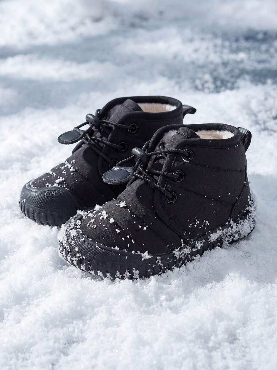 1 Pair New Style Boys' Classic Versatile Black Mid-Calf Thermal Lined Snow Boots, Drawstring Laces, Round Toe, Soft And Flat Sole, Comfortable And Warm, Suitable For Outdoor Activities, Snow Play, School And Holiday Outfits, Back To School Season - Black - View 1