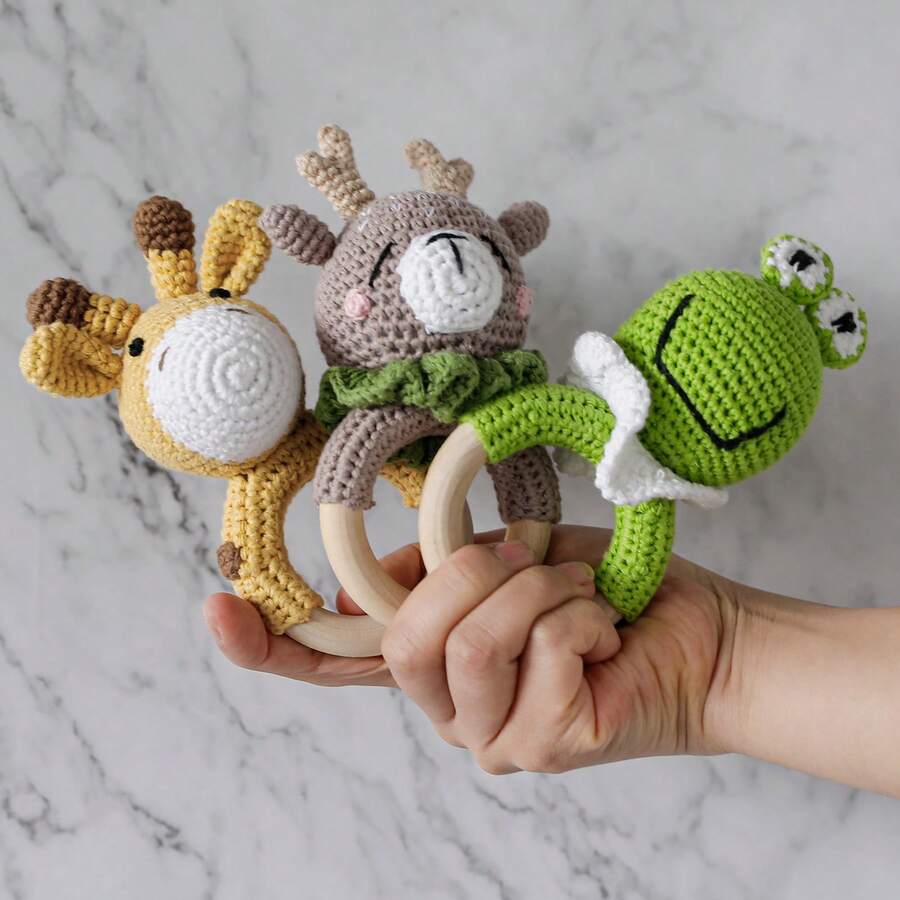 Crochet Cute Cartoon Animal Rattle Soother, Soft 3D Shaped Toy Rattle For Teething, Grasping Training, Newborn Baby Gift For Halloween, Christmas, Birthday - Multicolor - View 1