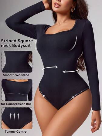 Women's Solid Color Seamless Crew Neck Half Peplum Long Sleeve Bodysuit
