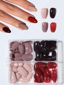 96pcs (4 Mixed Colors) Y2K Short Oval Brown, Black, Red And Nude Matte Acrylic Nail Tips, Full Coverage, Includes 1 Gel Glue And 1 Nail File, With Storage Box, Suitable For Women And Girls Daily And Party Use Press On Nails - Multicolor - View 3
