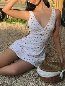 1pc Ditsy Floral Bohemian Ruffled Hem Zipper Mini Dress, Woven Fabric, Women, Suitable For Vacation, Wedding, Spring/Summer Elegant - Multicolor - View 6