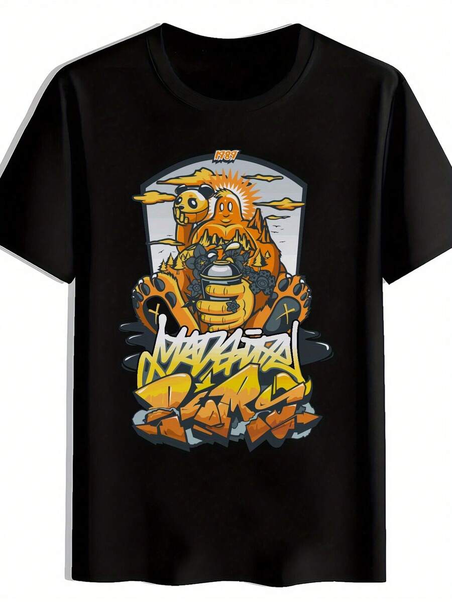 Camiseta de Manga Corta con Estampado Gráfico Negro para Hombre - Oso de Graffiti Audaz; Diseño de Arte Abstracto Camiseta casual de cuello redondo% poliéster para el verano. Playa. Viaje. Fechas; Festivales. Ropa de festival. Diseño Artístico. Tela duradera - Negro - Ver 1