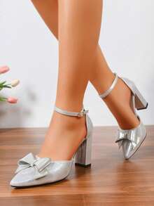 1 Pair Fashionable, Breathable Thick Heel High Heels With Bowknot Pointed Toe, French Style Strap Hollow Chunky Heel Sandals For Teenagers - Silver - View 1