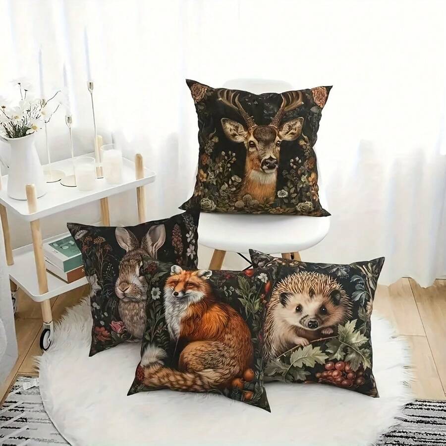 4 Packungen Kissen-Bezüge im Waldmotiv - 45 x 45 cm, 2D Digital-Beidseitiger Druck, Hirsch/Fuchs/Hase/Igel Designs, Vintage Polyester Dekoration für Wohnzimmer & Büro, mit Reißverschluss und maschinenwaschbar, ohne Füllungen enthalten