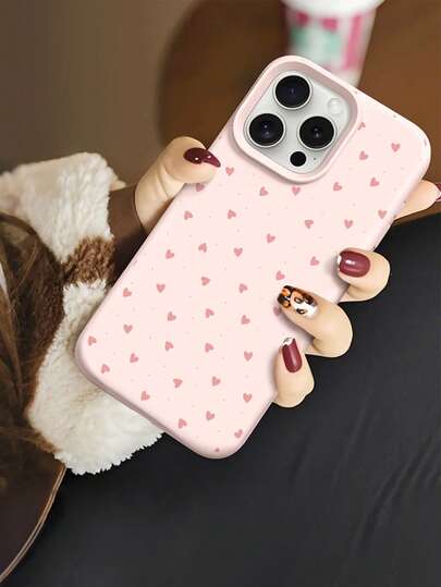 Pink Liquid Silicone 1pc Heart-Shaped Valentine's Day Pattern, Large Hole Shockproof Phone Case, Silicone Material, Can Be Given As Holiday Gift, Compatible With Apple Compatible With IPhone Xs/Xsmax/Xr/11 12 13 14 15 16pro/Promax/14 15 16plus/17, Unisex, Birthday Gift Anniversary Party