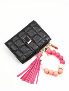 2026 New Kids Beaded Handheld Wallet, Checkered Snap Closure Multi-Functional Wallet Card Holder Zipper Coin Purse - Multicolor - View 2