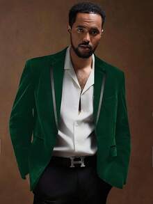 2026 Men's Casual Blazer & Pant Set  Men's 2 Piece Velvet Suit Peak Lapel One Button Slim Fit Tuxedo Blazer Party Dinner Jacket & Pants Relaxed Stretch Fit For Smart Casual Events - 綠色拼接翻領 - 查看 4