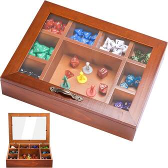 1 pieza Caja de almacenamiento de dados de madera vintage con tapa transparente, organizador y soporte de exhibición de dados de juegos de mesa RPG, bandeja de dados de 9 rejillas