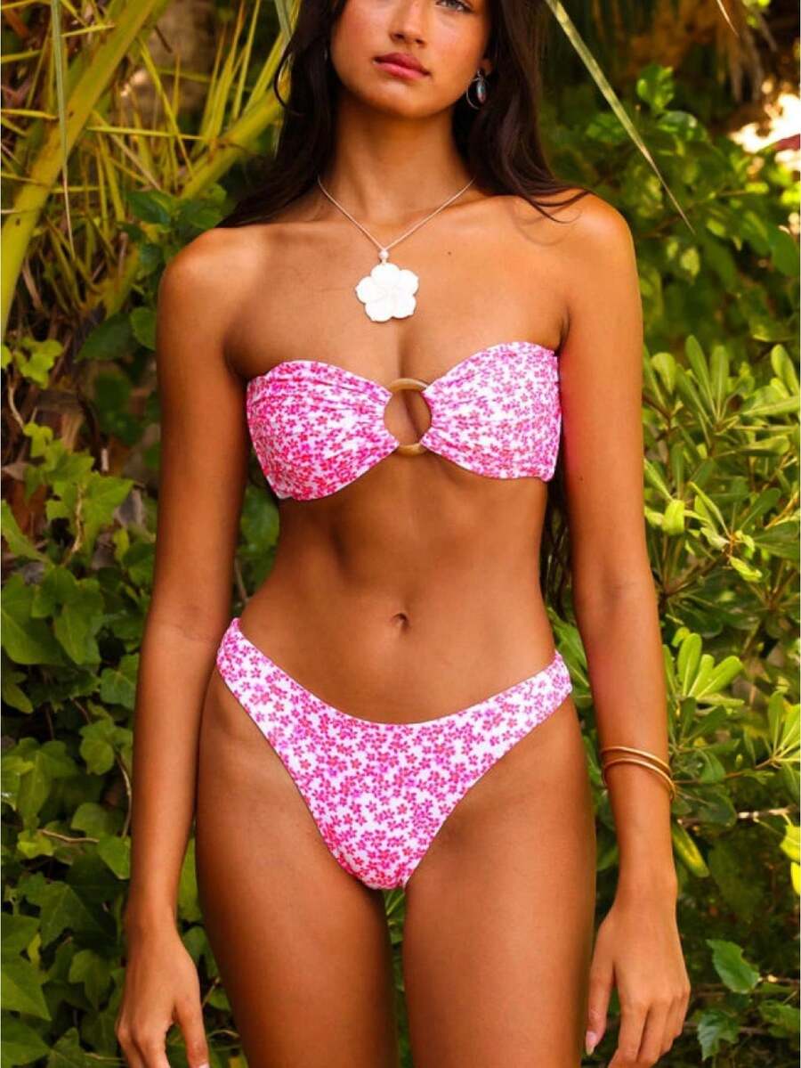 Women 2 Pieces Bikini Swimsuits Floral Print Padded Bra Strapless Tube Tops Thong Bottoms Beach Bathing Suit Set - Hồng - Xem 1