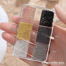 Una caja de 6 accesorios de arte de uñas de mini bolas de acero 3D, tamaños mixtos de 0.6/0.8/1mm mini cuentas de caviar de acero inoxidable pequeñas, bolas de metal en colores dorado, plateado y multicolor, piedras sintéticas y accesorios para uñas - Multicolor - Ver 7
