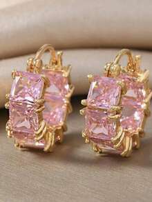 1 Coppia di Orecchini Romantici, Eleganti, Delicati e Raffinati con Forma Curva Francese - Rosa - Visualizzare 2