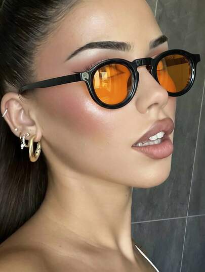 1 par de gafas de mujer de montura redonda de PC negra, de unicolor vintage, personalizadas, a juego, para fotografía de vacaciones y moda callejera