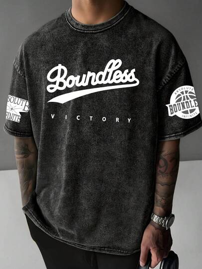 DIYIE Men's Athletic Academy Style Short-Sleeve T-Shirt Washed Vintage Distressed Print Short-Sleeve T-Shirt Youthful Streetwear Short-Sleeve T-Shirt