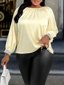 2025 Autumn And Winter Plus Size Cuff Bead Round Neck Shirt, Daily Wear For Parties And Outings - Beige - View 6