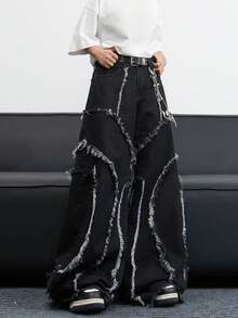 1 chiếc quần jeans ống rộng kiểu Nhật Bản, thêu họa tiết, rách gấu, phong cách hiphop đường phố cá tính, dáng rộng thoải mái (Không bao gồm thắt lưng và phụ kiện) - màu đen - Xem 2