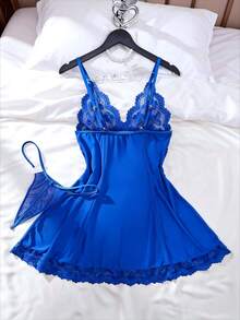 2pcs Women Sexy Solid Color Lace Mesh Patchwork Sleepwear Set, V-Neck Backless Camisole Nightgown And Thong, Comfortable Pajamas - Royal Blue - View 2