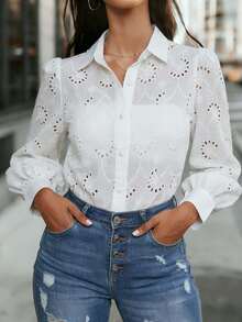 Women's White Eyelet Embroidered Button Front Shirt Collar Long Sleeve Blouse Regular Fit Polyester Top Vacation - White - View 6