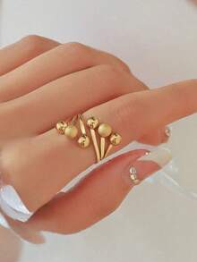 1 pieza Anillo ajustable de acero inoxidable dorado con decoración de bola texturizada, joyería de moda de estilo minimalista vintage para mujeres - anillo - Ver 4