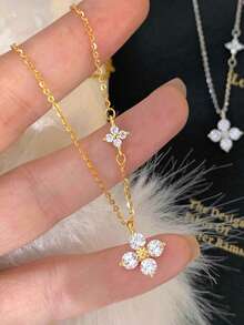 1 buah Kalung Zirkonia Bentuk Daun Semanggi Bertabur Berlian Imitasi, Desain Minimalis yang Halus, Kalung Choker Modis & Elegan untuk Wanita - emas 1 - View 2
