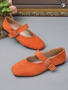 36-43 Plus Size Fashion Square Toe Flat Mary Jane Shoes, Orange Suede Casual Slip-On Shoes, Suitable For Dresses, Spring/Autumn - Orange Suede - View 6