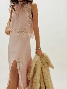 Women Satin Skirt Set Lace Trim Mock Neck Backless Tops Asymmetry Hem Maxi Skirt Y2k Silky Going Out Outfits - 粉色 - 查看 3
