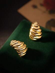 1 Pair 14K Gold Thick Teardrop Earrings, Women's High-Hanging Striped Earrings, Suitable For Daily Wear, Weddings, Parties, Nightclubs, Anniversary, Mother's Day, Valentine's Day, Christmas Jewelry Gift - Striped Teardrop Earrings - View 3