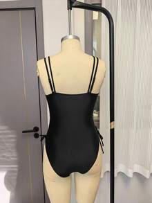 Women's Lace Up Pleated One-Piece Sports Swimsuit - Black - View 2