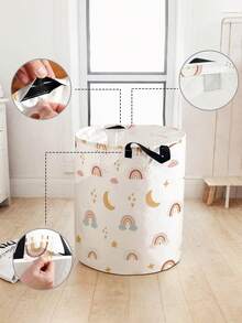 1 pieza Cesta de almacenamiento redonda plegable de gran capacidad con estampado de arcoíris de dibujos animados y asa, multiusos para baño, habitación, lavandería, juguetes, ropa, cesta de almacenamiento plegable - Multicolor - Ver 3