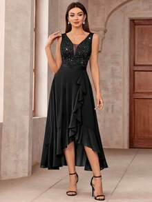 MIUSOL Elegant Women's Sleeveless Deep V-Neck Contrast Sequin Lace Maxi Dress, Bodice A-Line Chiffon Gown With Ruffle High-Low Hem, For Wedding Guest, Prom, Formal Evening Party - màu đen - Xem 4