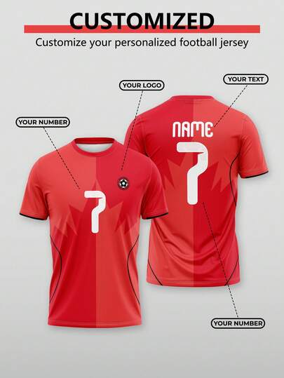 1pc Canada National Team Style Customized Men's Short Sleeve Sports Sweatshirt, World Cup Edition (Red Maple Leaf Design) - Team Name, Number And Printed On Front And Back (Personalized Design), Suitable For Football Training, Match And Team Sports