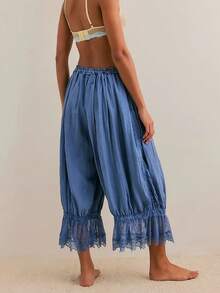 Women Y2K Half Slip Under Dress Pettipants Mid Rise Lace Patchwork Bloomers Trousers Ruffle Pantaloons Cropped Flared Pants Cute Pumpkin Long Pants - 藍色 - 查看 2