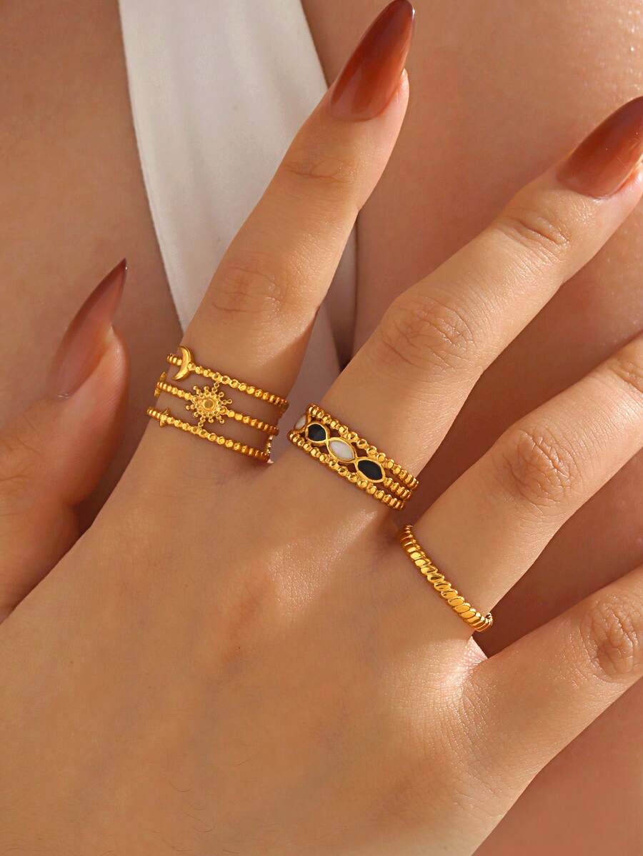 3pcs/Set Stainless Steel Minimalist Star & Moon Pattern Rings Set, Suitable For Women Everyday Wear - Multicolor - View 1