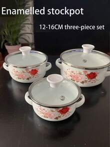 3pcs Multi-Color Enamel Cookware Set, Thick Double-Ear Enamel Cooking Pot, Suitable For Gas & Induction Cooktop, Includes Soup Pot, Milk Pot, Cartoon Cute Enamel Bowl With Handle