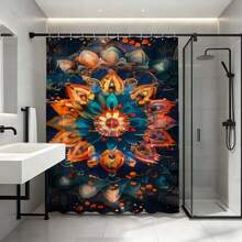 1 pieza Cortina de ducha con patrón de mandala floral iridiscente, diseño reflectante azul y naranja, decoración de baño soñadora, cortina de ducha impermeable de poliéster con ganchos - Multicolor - Ver 4