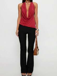 Women's Y2k Rivet Glitter Halter Tops,Tie Open Back Club Punk Low Cut Y2K Top,Deep V Neck Sleeveless Vintage Tank Tops,Draped Collar Backless Studded Shirt,Teen Going Out Date Night Club Party Streetwear - 紅色 - 查看 6