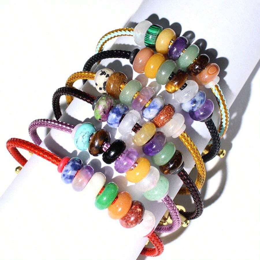 1 Set Bohemian Bracelet Natural Stone Crystal Agate Random Mixed Stone Big Hole Beads DIY Bracelet Set Suitable For Lady Holiday Gift Valentine's Day Gift Making - Large-hole Bead Bracelet - View 1