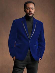 2026 Men's Casual Blazer & Pant Set  Men's 2 Piece Velvet Suit Peak Lapel One Button Slim Fit Tuxedo Blazer Party Dinner Jacket & Pants Relaxed Stretch Fit For Smart Casual Events - 藍色拼接翻領 - 查看 2
