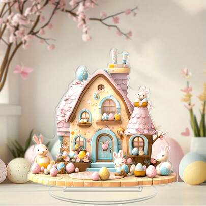 Charming Easter Bunny House Acrylic Decorative Plaque, Cottage Style, Rabbit Theme, Tabletop Display, Versatile Use, No Electricity Required, Suitable For Home, Living Room, Holiday Decor, An Ideal Gift For Women