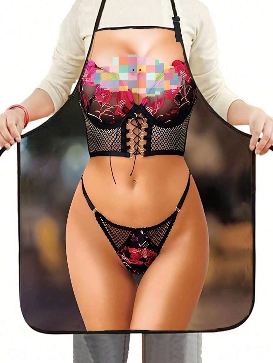 1件印花系带围裙，创意围裙，性感女士围裙，个性化围裙，防水无袖圆领围兜围裙，女士性感围裙，趣味厨房围裙，适合乔迁派对、圣诞节礼物交换 - 多色 - 查看 1