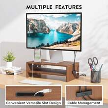 BONTEC Wooden Monitor Stand Riser, 2-Tier Desk Shelf With Storage Organizer, Ergonomic Computer Stand With Cable Management, Cellphone Holder, White, 165 Inch - ColorD - View 4