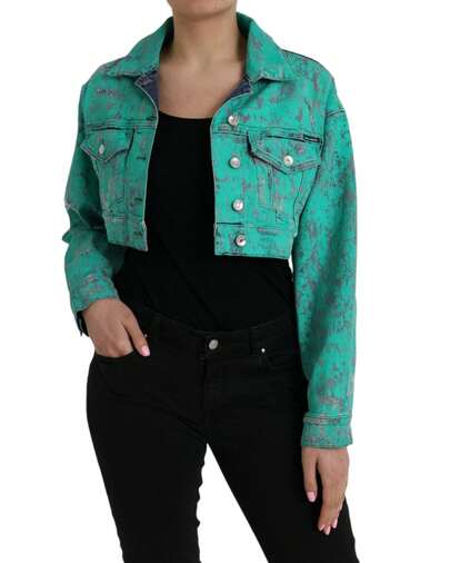 Dolce & Gabbana Cropped Denim Jacket Printed Style Women Teal Jackets & Coats