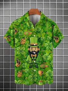 Men's St. Patrick's Day 3D Print Casual Short Sleeve Shirt - Green Leprechaun & Clover Design, Lightweight Polyester, Summer Party & Holiday Wear - Style - 查看 2